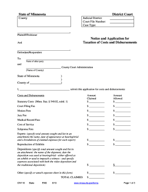 Minnesota Notice and Application for Taxation of Costs and Disbursements