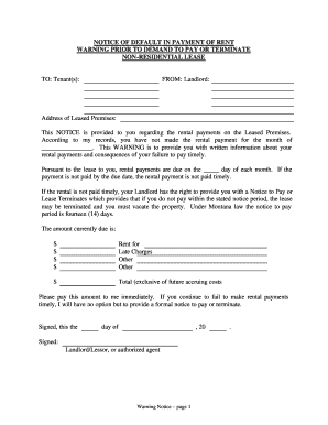 Montana Notice of Default in Payment of Rent as Warning Prior to Demand to Pay or Terminate for Nonresidential or Commercial Property