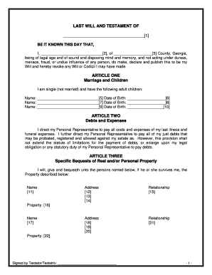 Georgia Legal Last Will and Testament Form for Single Person with Adult Children