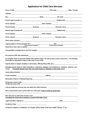 Child Care Services Application Form