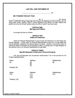 North Carolina Legal Last Will and Testament Form for Single Person with No Children