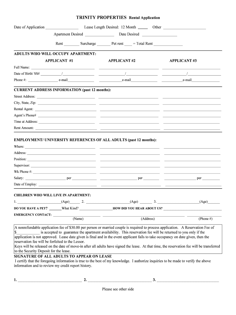 Trinity Properties Rental Application Form Fill Fill Online