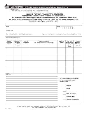 MCLE Form 6: Optional Contemporaneous Individual Screening Log