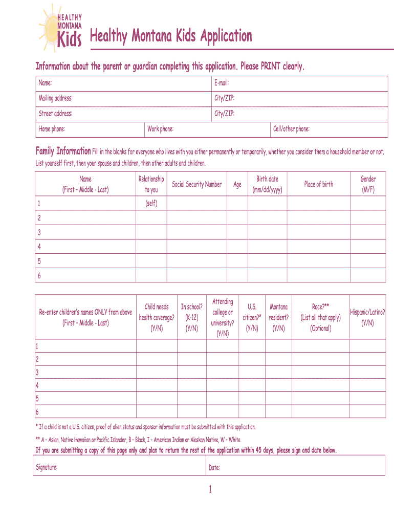 Healthy Montana Kids Application Preview on Page 1