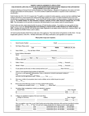 North Carolina Residence Application for Optometry Scholarship Loan
