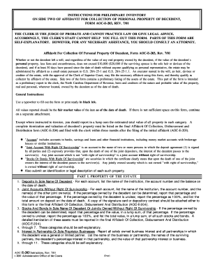 Personal property memorandum example - Instructions for preliminary inventory on side two of affidavit - Forms