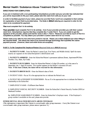 Mental Health Substance Abuse Treatment Claim Form
