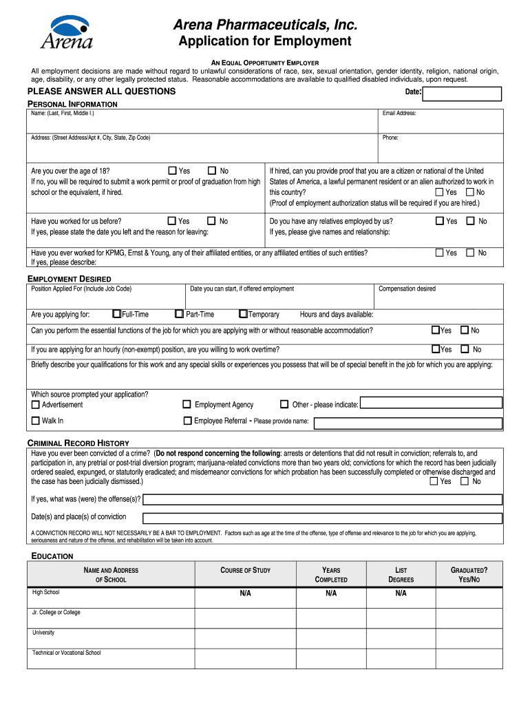 Employment Application Form ( PDF ) - Arena Pharmaceuticals, Inc Preview on Page 1