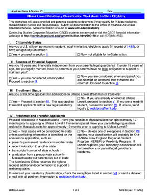 UMass Lowell Residency Classification Worksheet