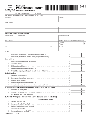 Maryland Pass-Through Entity Schedule K-1 2011
