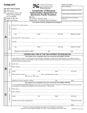 Maryland Electronic Funds Transfer Authorization Agreement