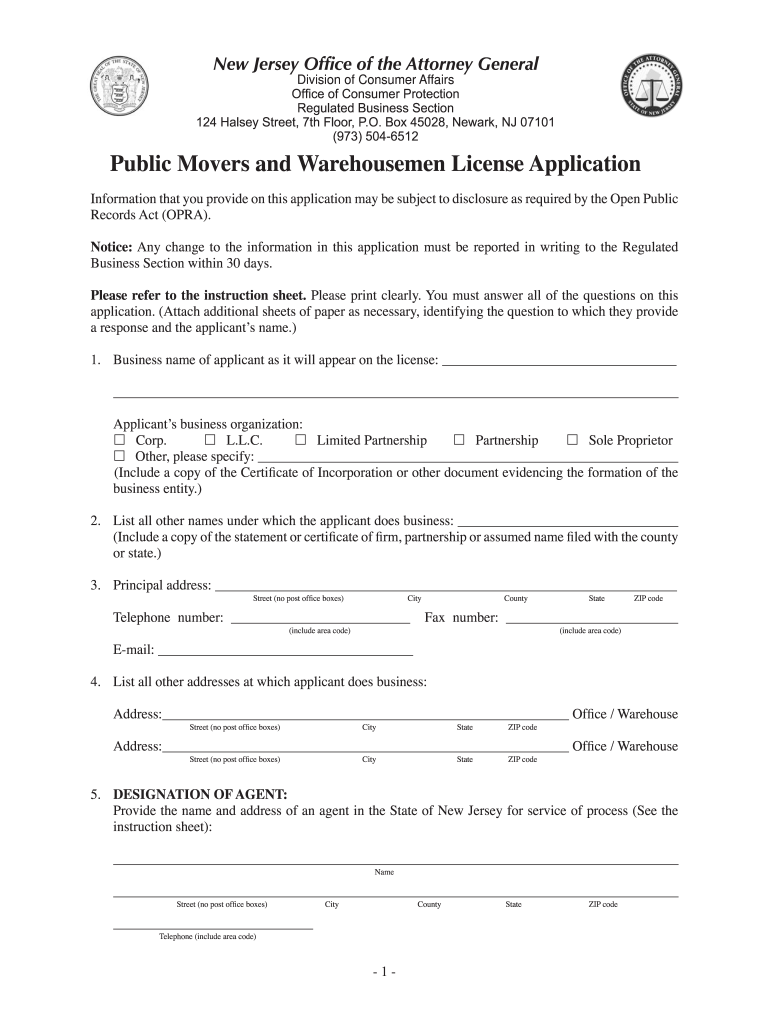 nj public movers license application Preview on Page 1