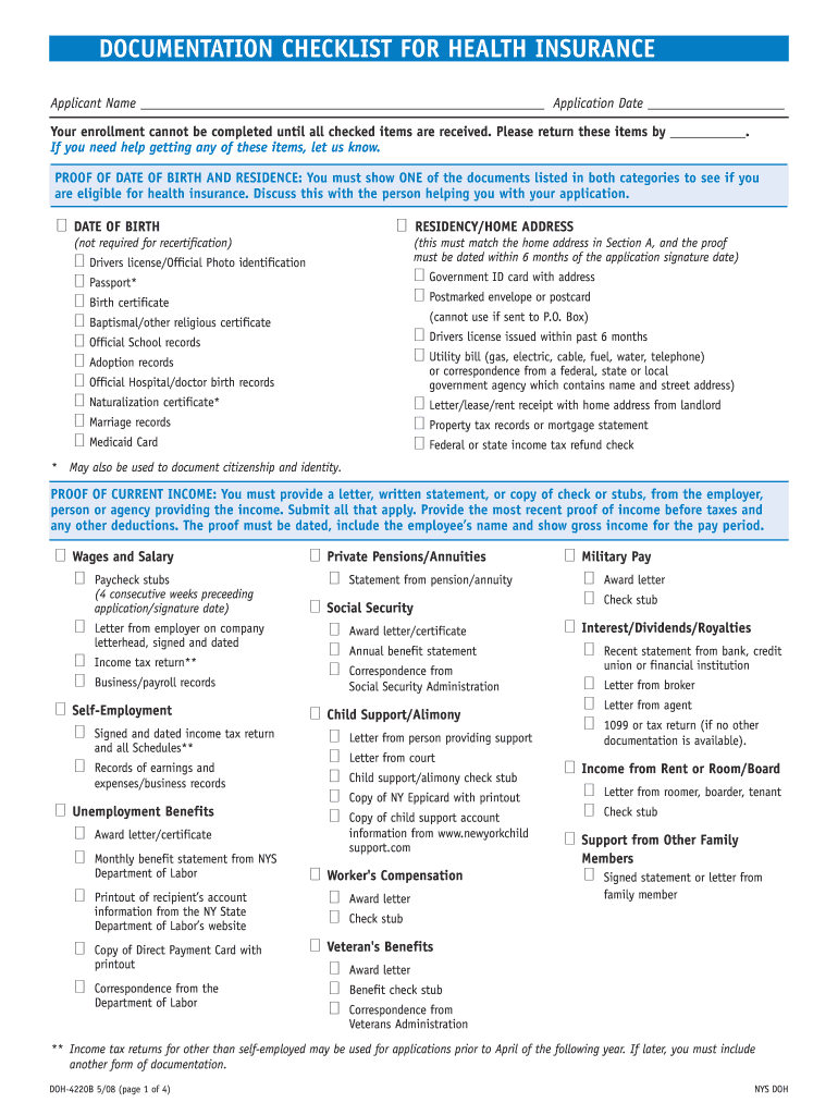 Documentation Checklist for Health Insurance - Blank Fillable Template ...
