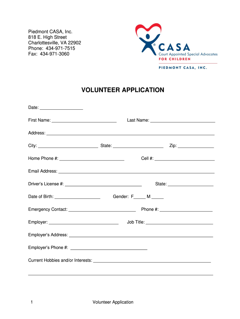 Volunteer Application - Piedmont CASA - pcasa Preview on Page 1