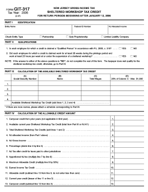 New Jersey Sheltered Workshop Tax Credit Form GIT-317