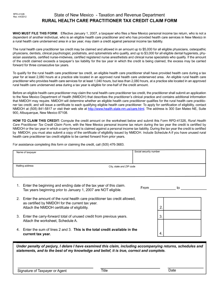 rural health care practitioner tax credit claim form 2012 Preview on Page 1.