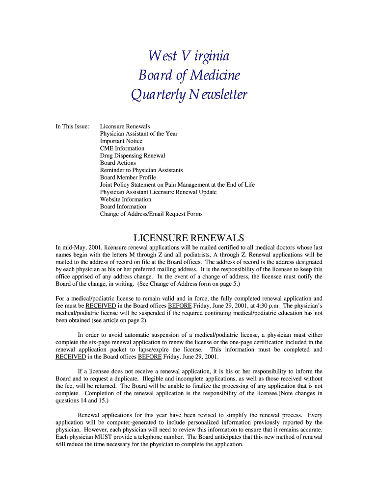 In This Issue: Licensure Renewals Physician Assistant of the Year Important Notice CME Information D Preview on Page 1