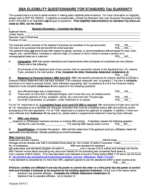 SBA 7(a) Loan Eligibility Questionnaire