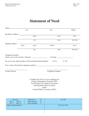 Rhode Island DHS-2 Statement of Need