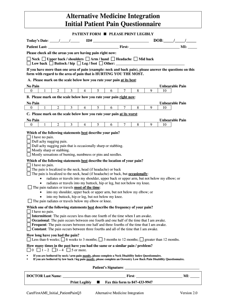 Initial Patient Pain Questionnaire Preview on Page 1