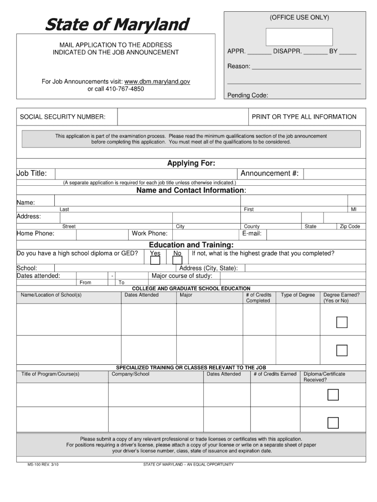 State Employment Application MS100 - calverthealth Preview on Page 1