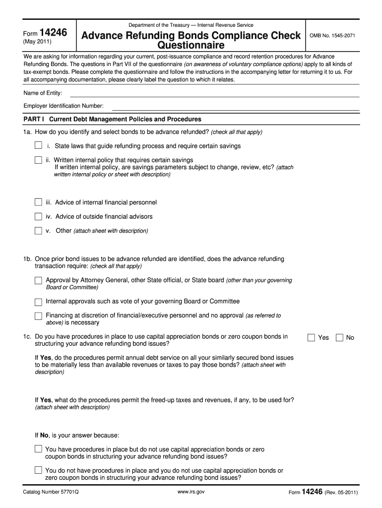 Form 14246 (5-2011) Advance Refunding Bonds Compliance Check Questionnaire Preview on Page 1