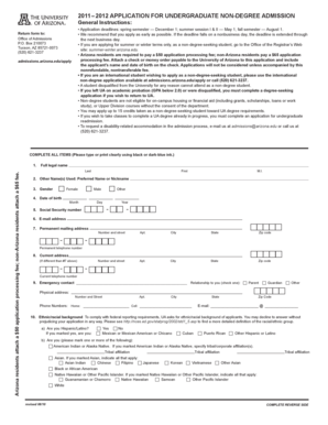 University of Arizona Non-Degree Admission Application