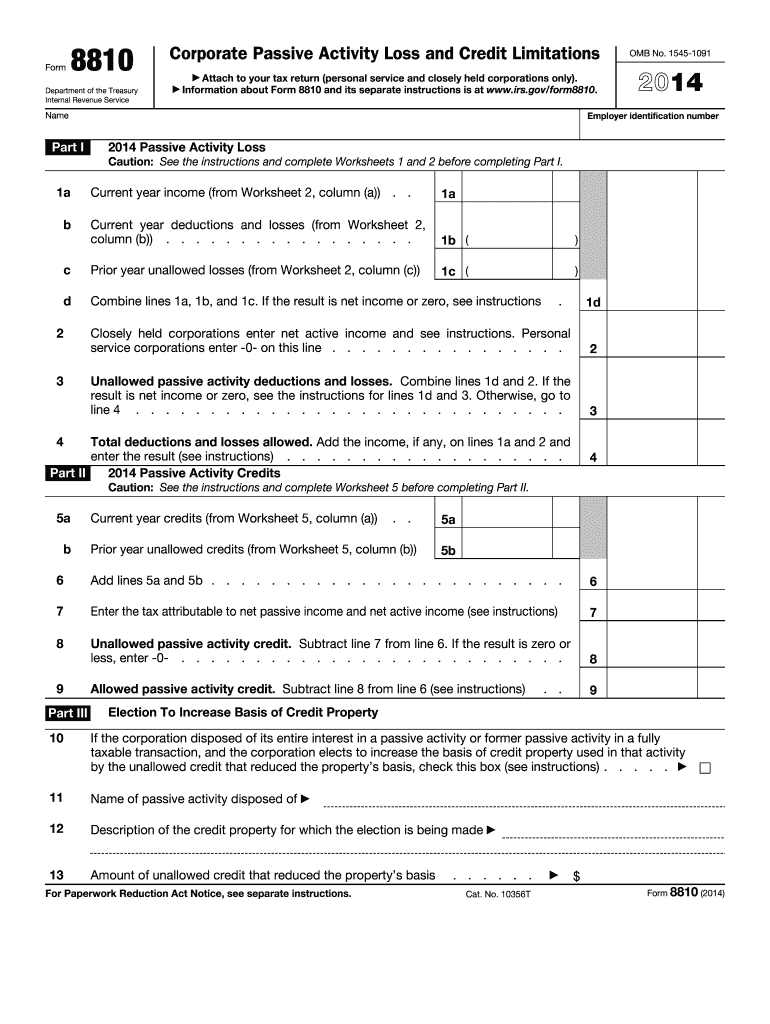 2014 Form 8810 Corporate Passive Activity Loss and Credit Limitations - irs Preview on Page 1