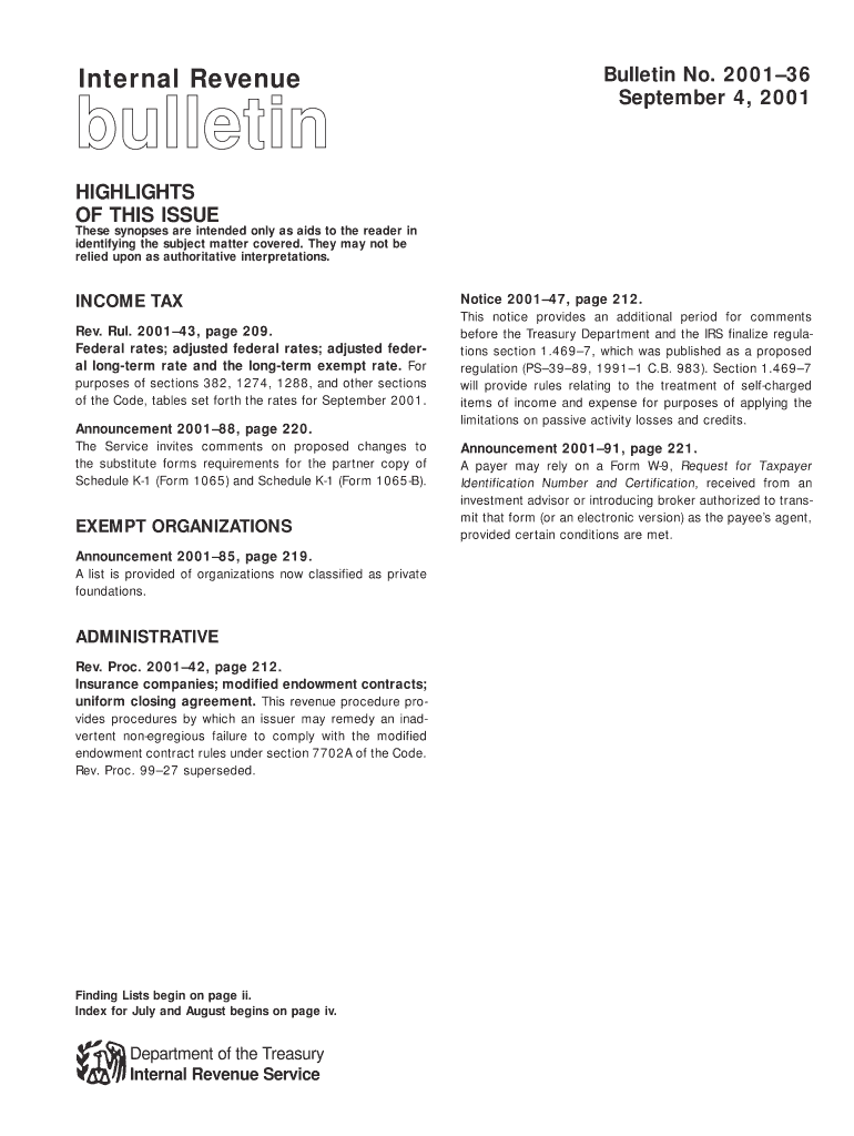 Internal Revenue Bulletin 2001-36 - Internal Revenue Service Preview on Page 1