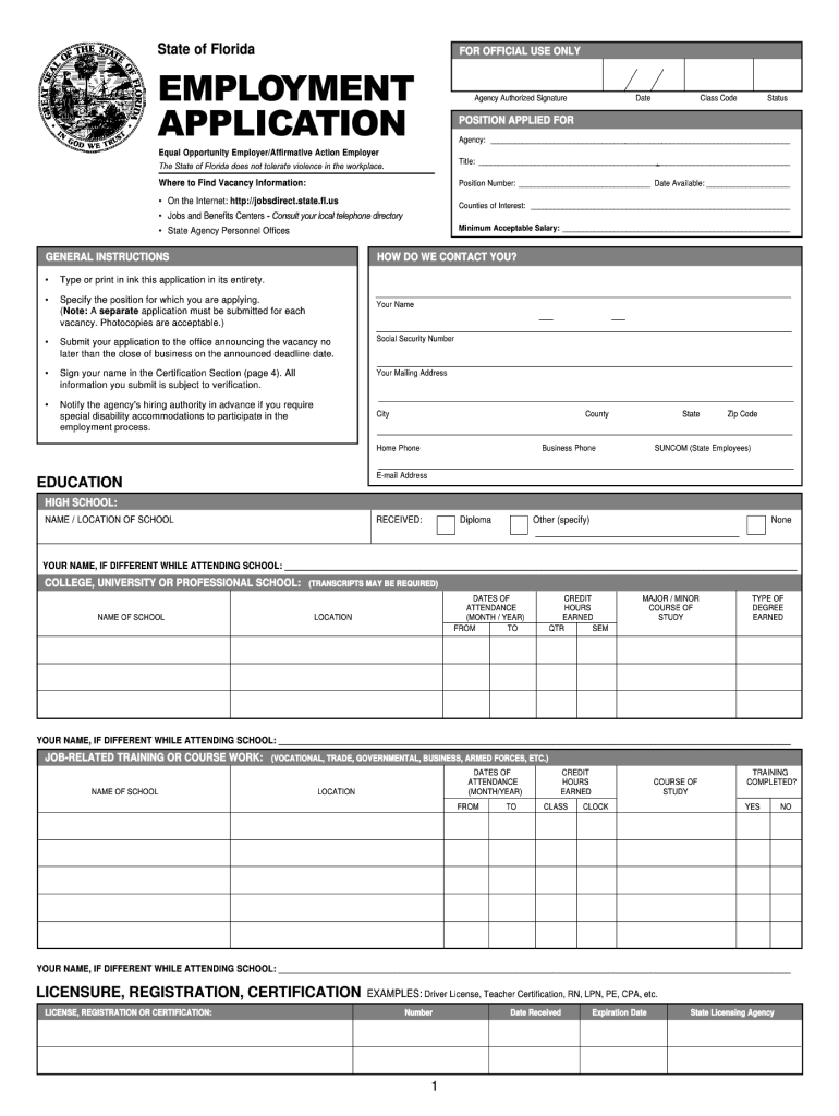 Florida Employment Fill Online Printable Fillable Blank PdfFiller