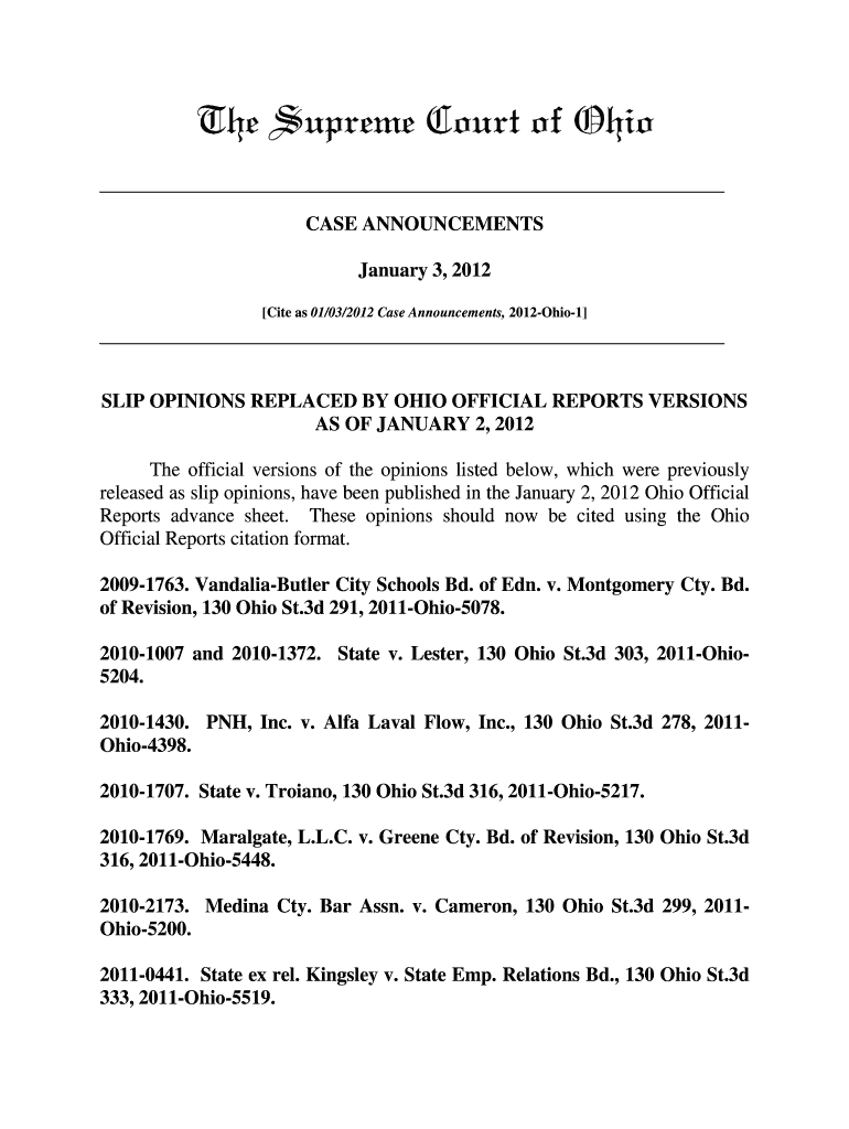 01 03 2012 Case Announcements - Ohio Supreme Court - supremecourt ohio Preview on Page 1