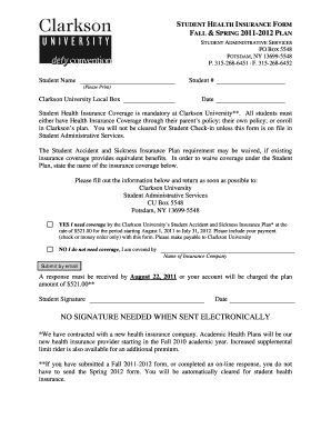 Clarkson University Student Health Insurance Form