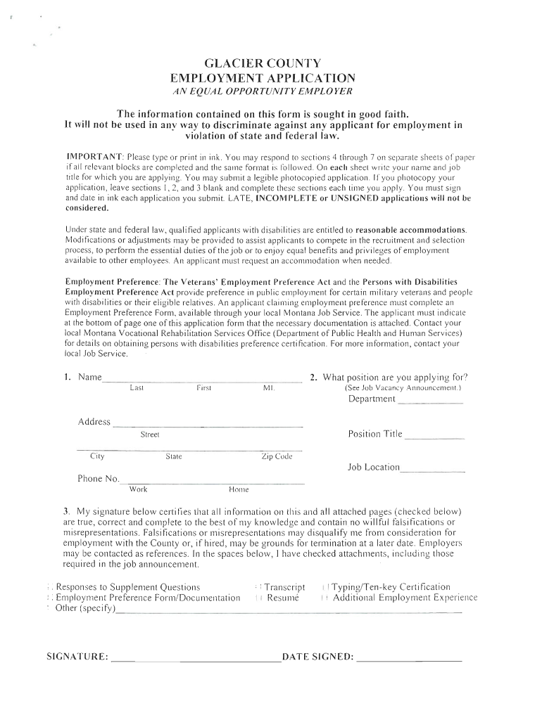 GLACIER COUNTY EMPLOYMENT APPLICATION - wsd dli mt Preview on Page 1