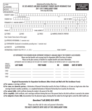 UC Los Angeles Law/Med Voluntary Student Health Insurance Enrollment Form