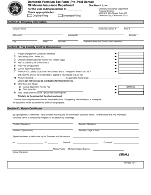 Oklahoma Domestic Premium Tax Form