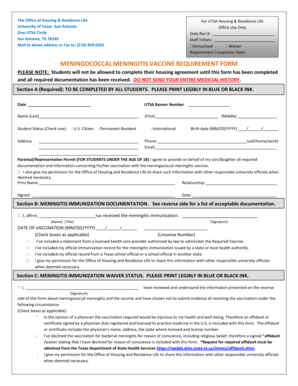 UTSA Meningococcal Meningitis Vaccine Requirement Form