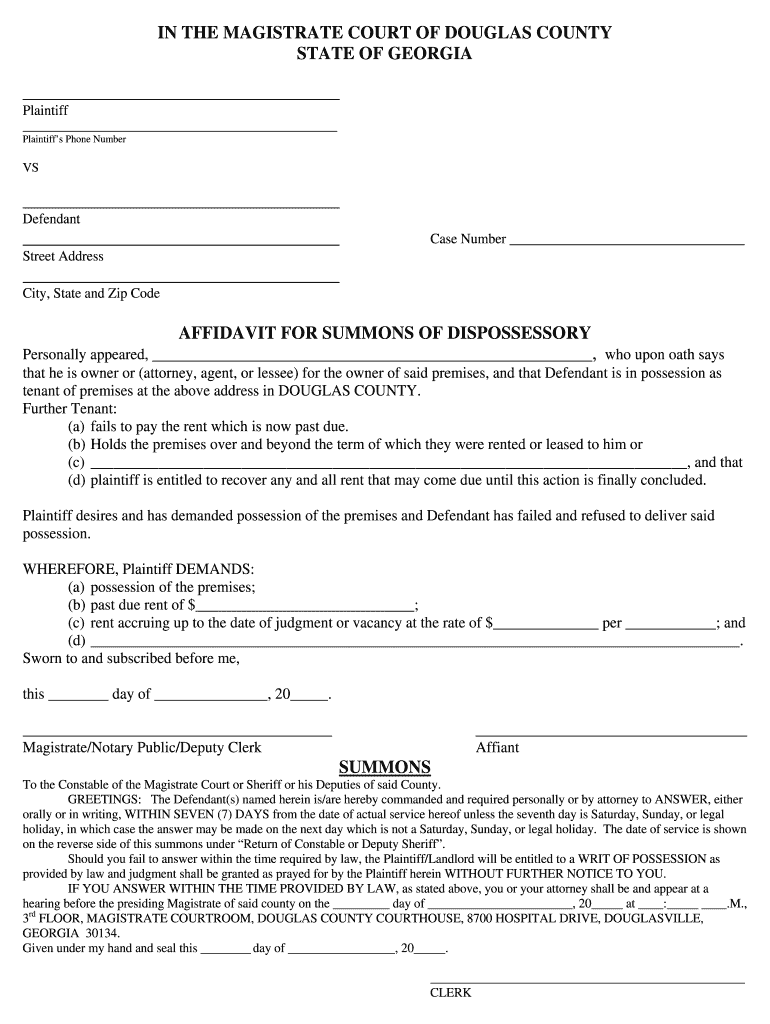 dispossesory affadavit douglas county georgia form Preview on Page 1