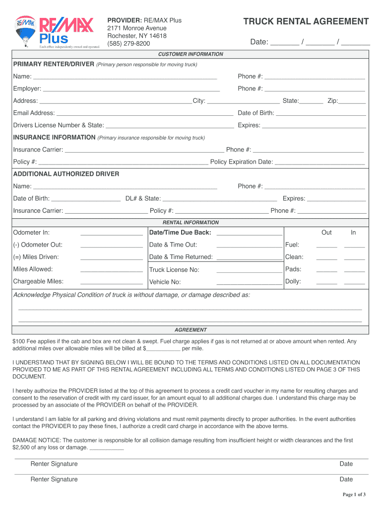 Truck Rental Agreement Form Fill Online Printable Fillable Blank 
