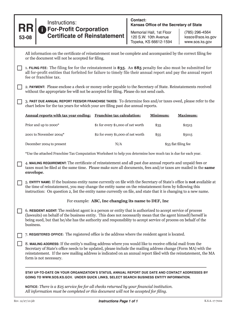 kansas secretary of state corporations rr form 2010 Preview on Page 1