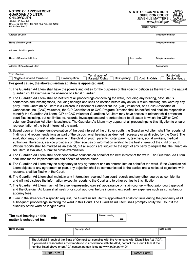 Notice of appointment guardian ad litem, child/youth - Connecticut ... - jud ct Preview on Page 1