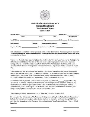 Aetna Student Health Insurance Early Arrival Form