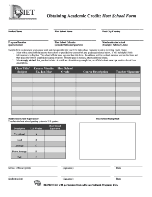 Host School Academic Credit Form