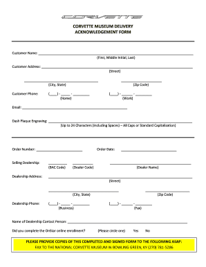 Corvette Museum Delivery Acknowledgement Form