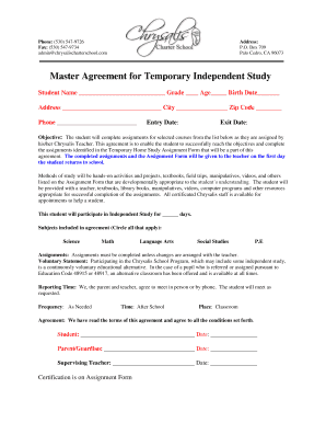 Master Agreement for Temporary Independent Study