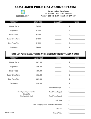 CUSTOMER PRICE LIST & ORDER FORM