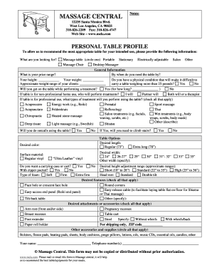 Massage Table Selection Form