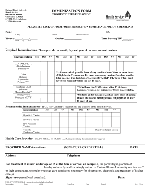 Eastern Illinois University Immunization Form