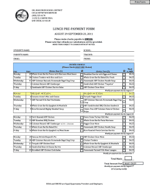 Del Mar Union School District Lunch Pre-Payment Form