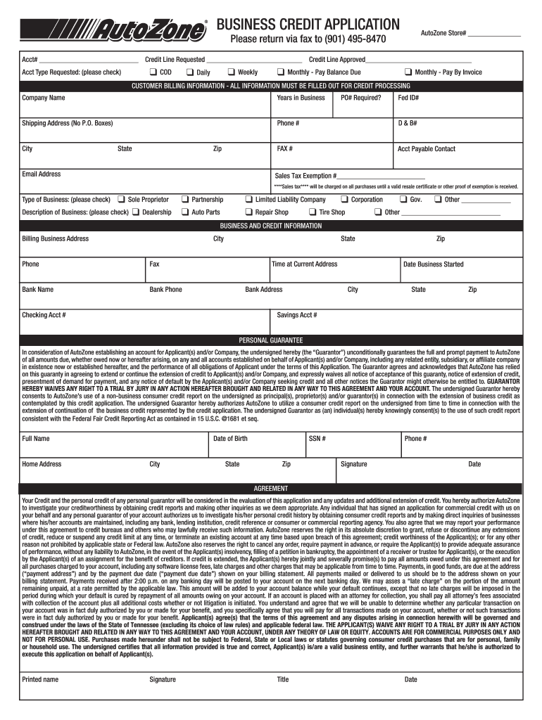 AutoZone Business Credit Application Fill And Sign Printable Template