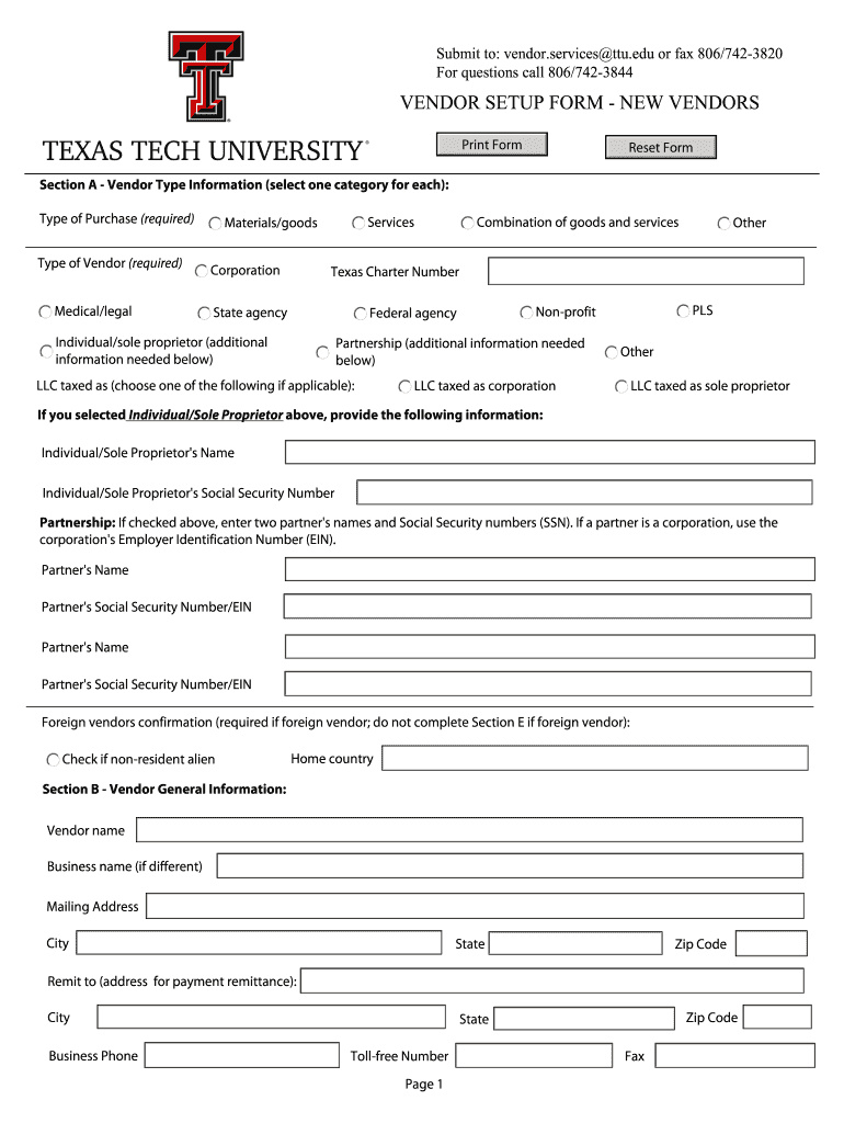 2010 Texas Tech University Vendor Setup Form Fill Online Printable 